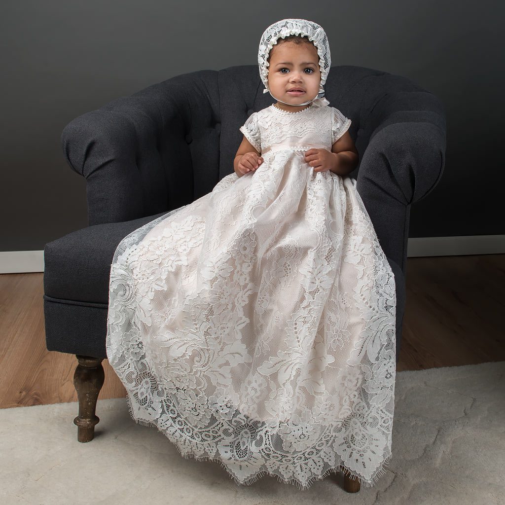 Girls Cotton Christening Gown with Italian Lace